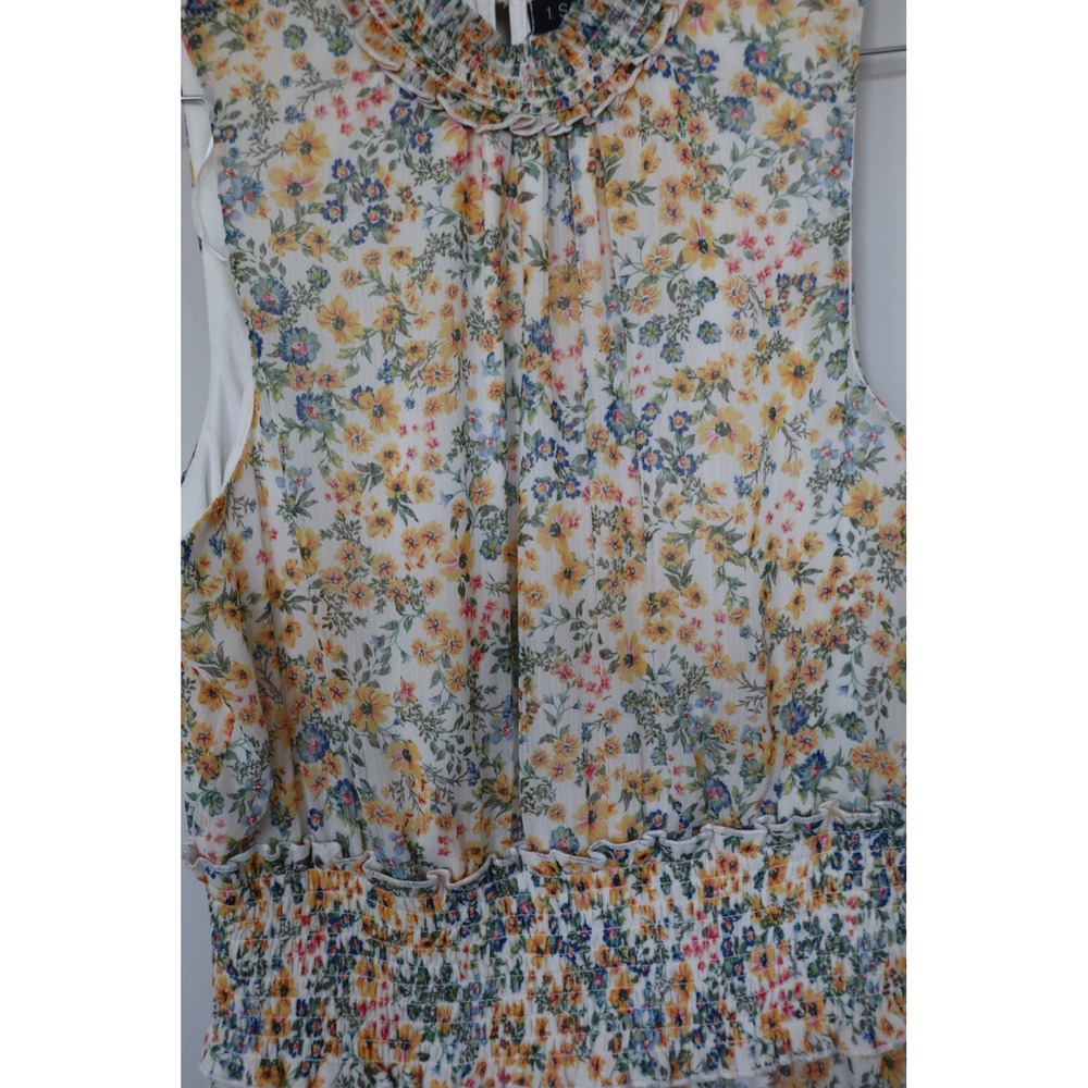 1.STATE Womens Smocked High Neck Floral Ruffle Tiered Mini Dress Yellow Blue L - Picture 3 of 7